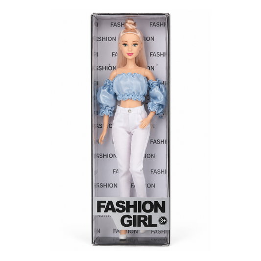 poseable fashion doll in outfit, front view in packaging