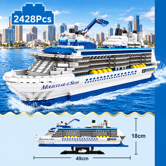 Ocean cruise liner micro building block model, front view with display stand