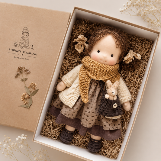 Handmade fabric doll with curly brown hair, mustard scarf and cream cardigan, in gift box with knit bunny