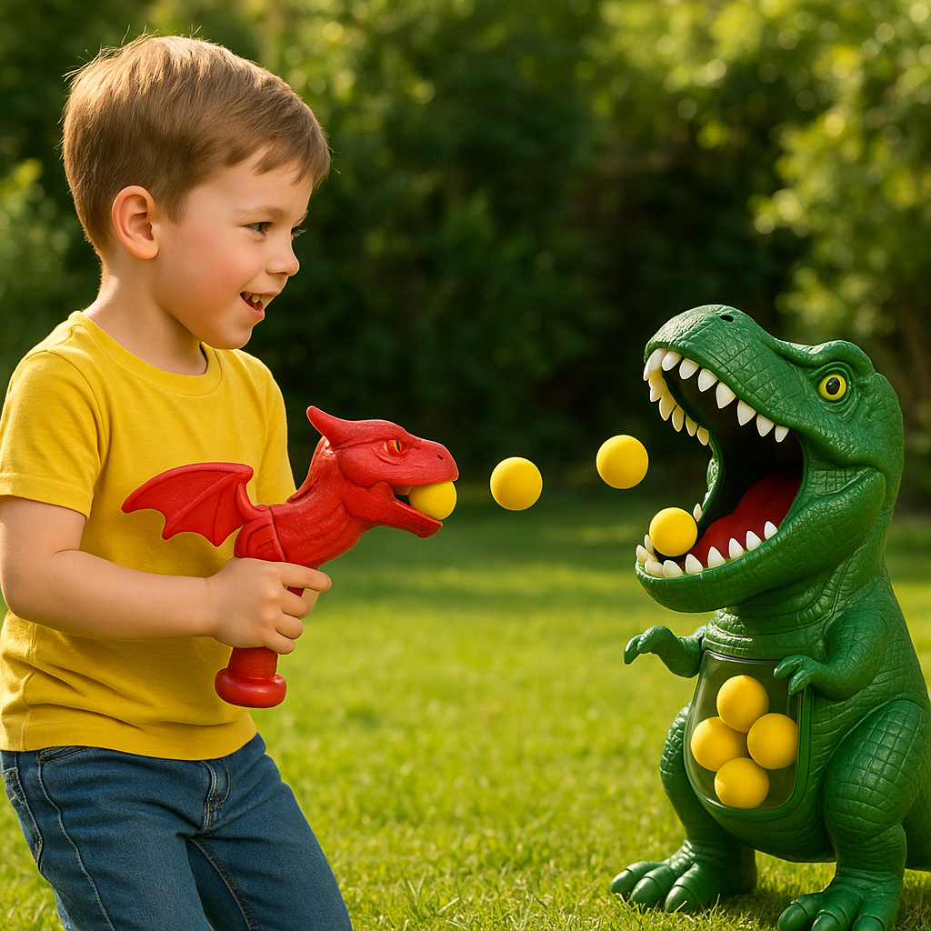 Child playing with dinosaur target shooting toy