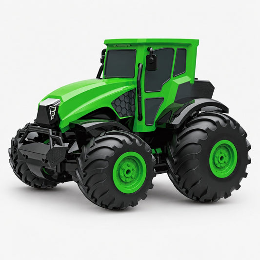 Amphibious RC tractor toy, 4x4 monster truck wheels, front three-quarter view
