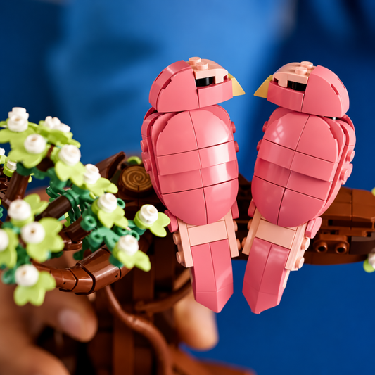 Love birds on branch building block set, close-up detail of birds and branch
