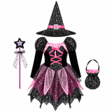 Girls 4-Piece Witch Costume Set - Dress, Hat, Wand & Bag thumbnail 2