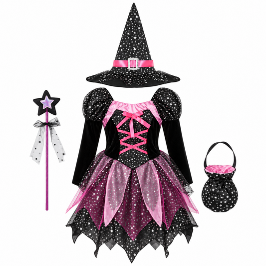 Girls 4-piece witch costume set, hat and wand detail