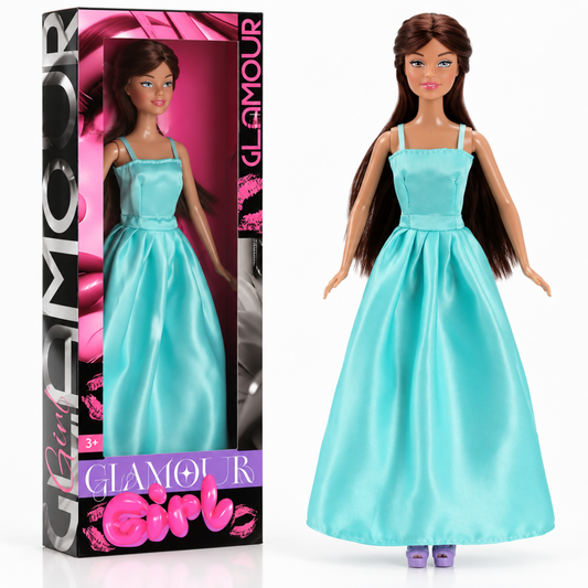 Glamour Girl poseable fashion doll in aqua blue satin evening gown, shown with retail packaging