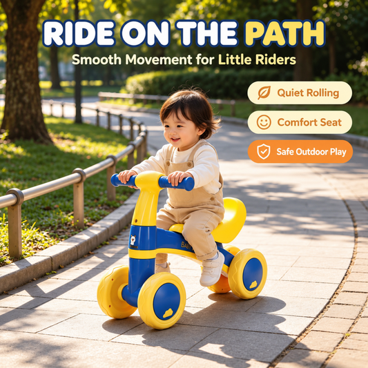 Toddler balance bike, no-pedal 4-wheel ride-on walker trainer, child riding
