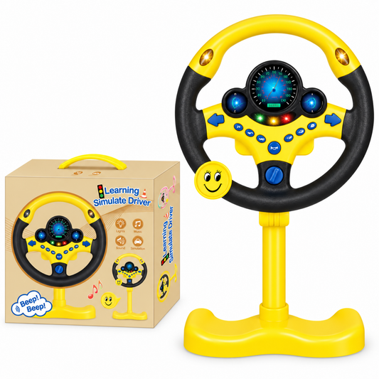 Yellow pretend-play steering wheel toy for toddlers, front view