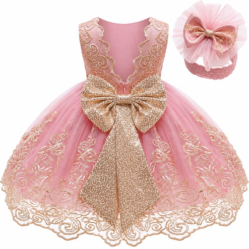 Baby Girl Lace Party Dress with Big Bow - Sizes 3-24 Months