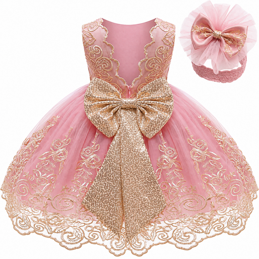 Rose pink lace party dress with big bow for baby girls