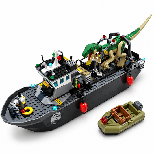 Dinosaur capture boat building block set, dinghy and mini figures detail