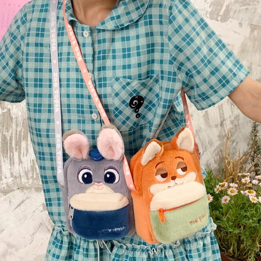 Plush crossbody bag worn by a child
