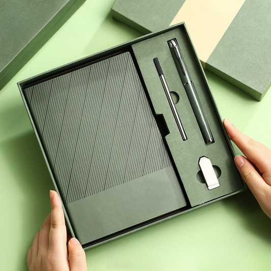 A5 notebook open showing lined pages