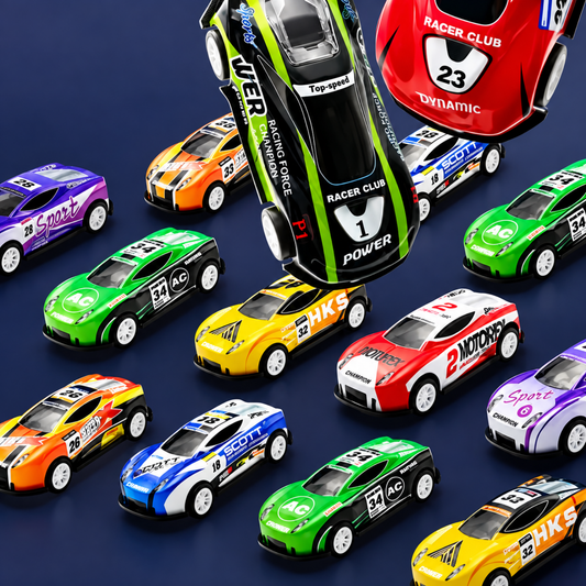 Assortment of colorful mini racing cars included with transforming truck transporter playset