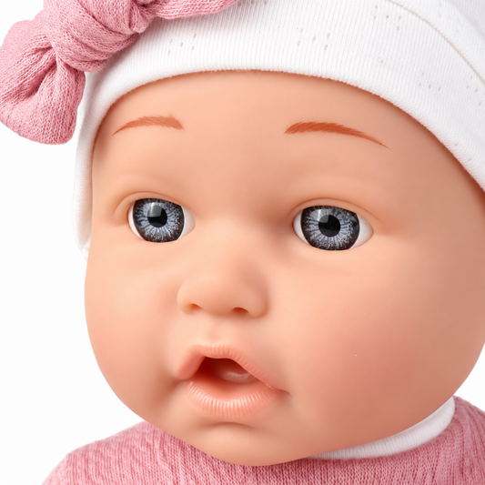 Close up of baby doll face wearing white bonnet with pink bow
