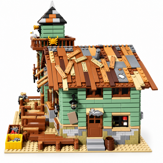 Fisherman's cottage and lighthouse building block model, close-up lighthouse and dock detail