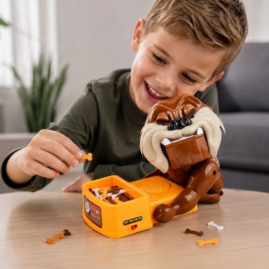 Don't Wake the Dog arcade skill game in play, bone-stealing gameplay for family game night