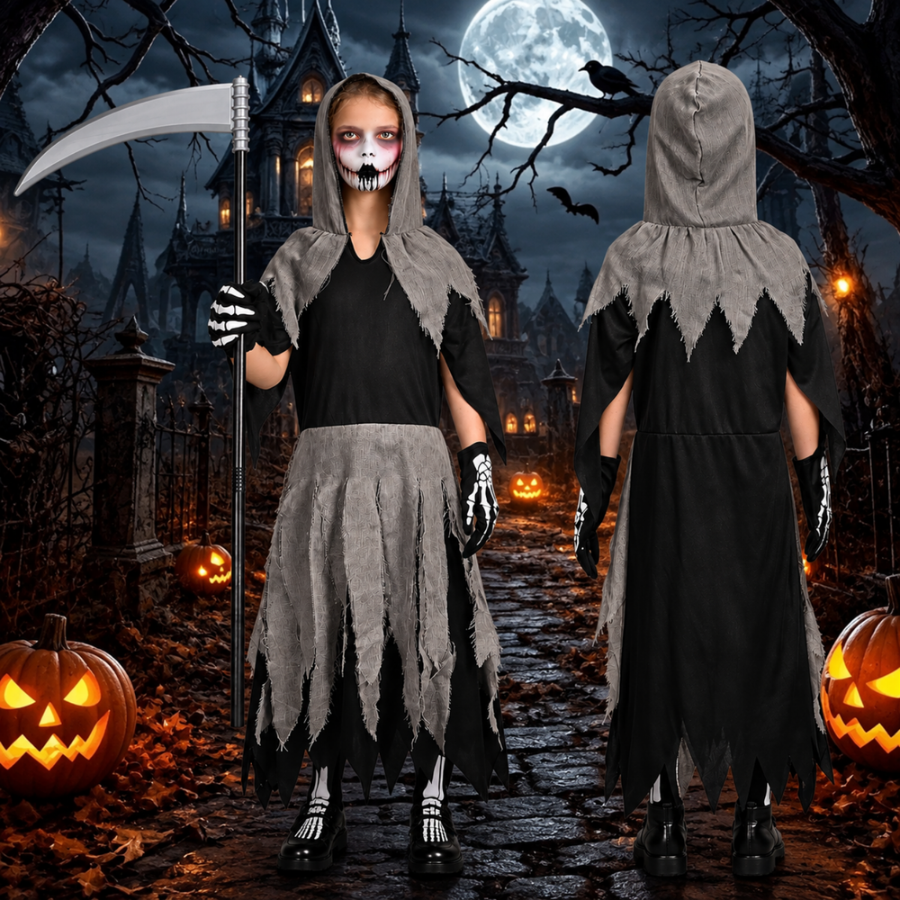 Kids Grim Reaper Halloween Costume - Hooded Tattered Dress with Skeleton Gloves & Scythe