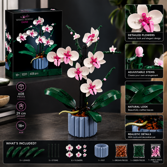 608-piece orchid flower building block set, close-up of individual brick-built orchid blooms