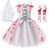 Girls Horror Bride Halloween Costume - Bloody Tulle Dress with Veil & Socks thumbnail 3