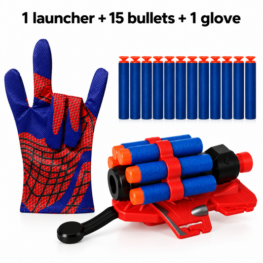 Red and blue superhero-style cosplay glove with dart launcher and 15 foam darts