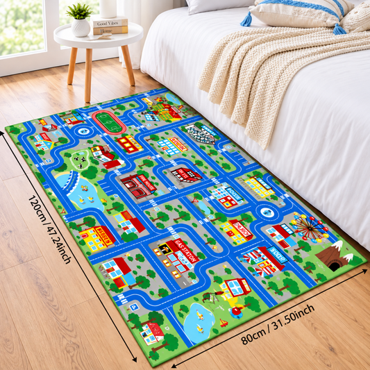 blue city print kids play rug with car tracks