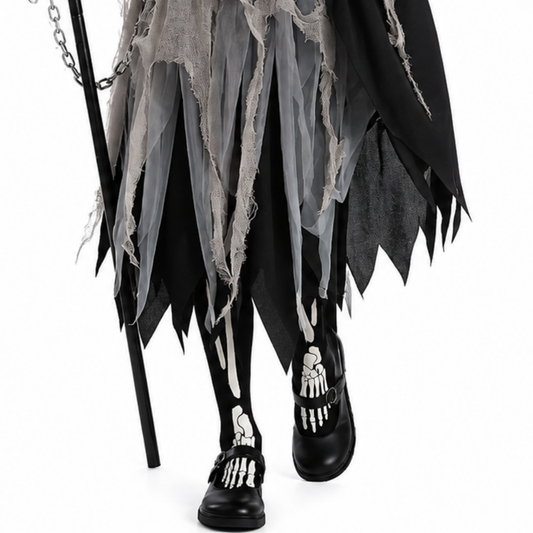 Girls Grim Reaper Halloween costume, back view with chain belt