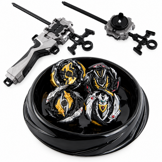 Battle spinning top launchers and four metal tops in black battle arena bowl