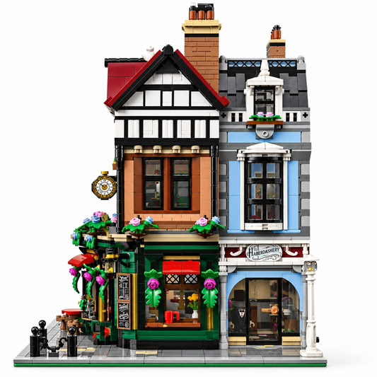 Retro British street corner building block model, close-up shopfront and clock detail