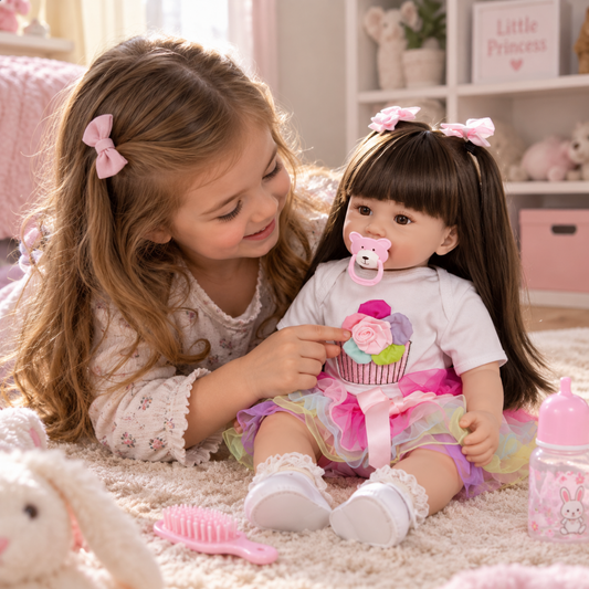 reborn toddler doll in cupcake dress, close-up of face