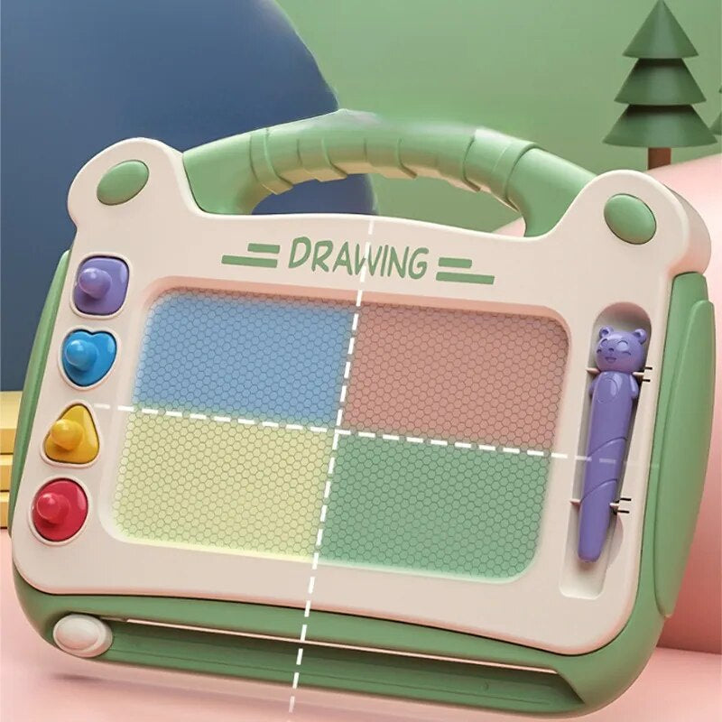 Kids magnetic drawing board in green with carry handle