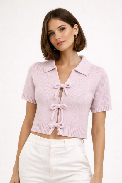 Cropped Bow Cardigan Women – Ribbed Knit & Front Bow Ties, Casual Chic Everyday
