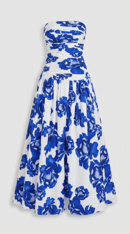 Strapless Floral Maxi Dress Women – Bold Blue Print & Full Sweep Skirt, Summer Wedding Guest Boho