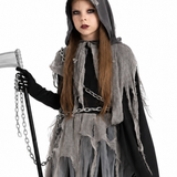 Girls Grim Reaper Halloween Costume - Hooded Dress with Chain, Gloves & Scythe thumbnail 3