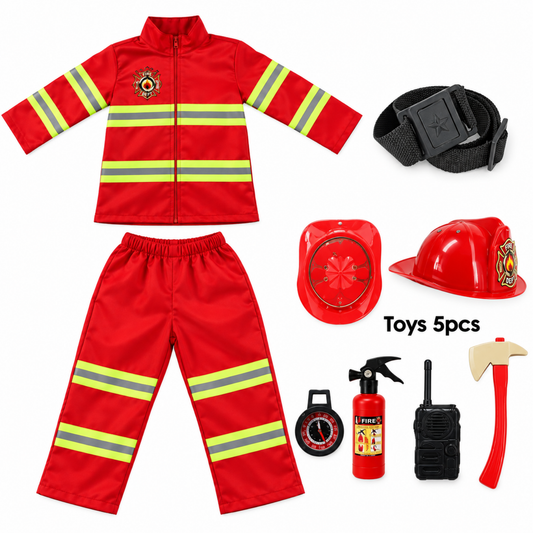 Child wearing red firefighter costume uniform with helmet