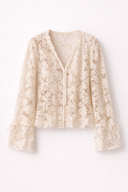 Floral Lace Blouse Women – V-Neck Button-Front & Flared Sleeves, Boho Romantic Summer