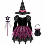 Girls 4-Piece Witch Costume Set - Dress, Hat, Wand & Bag thumbnail 3