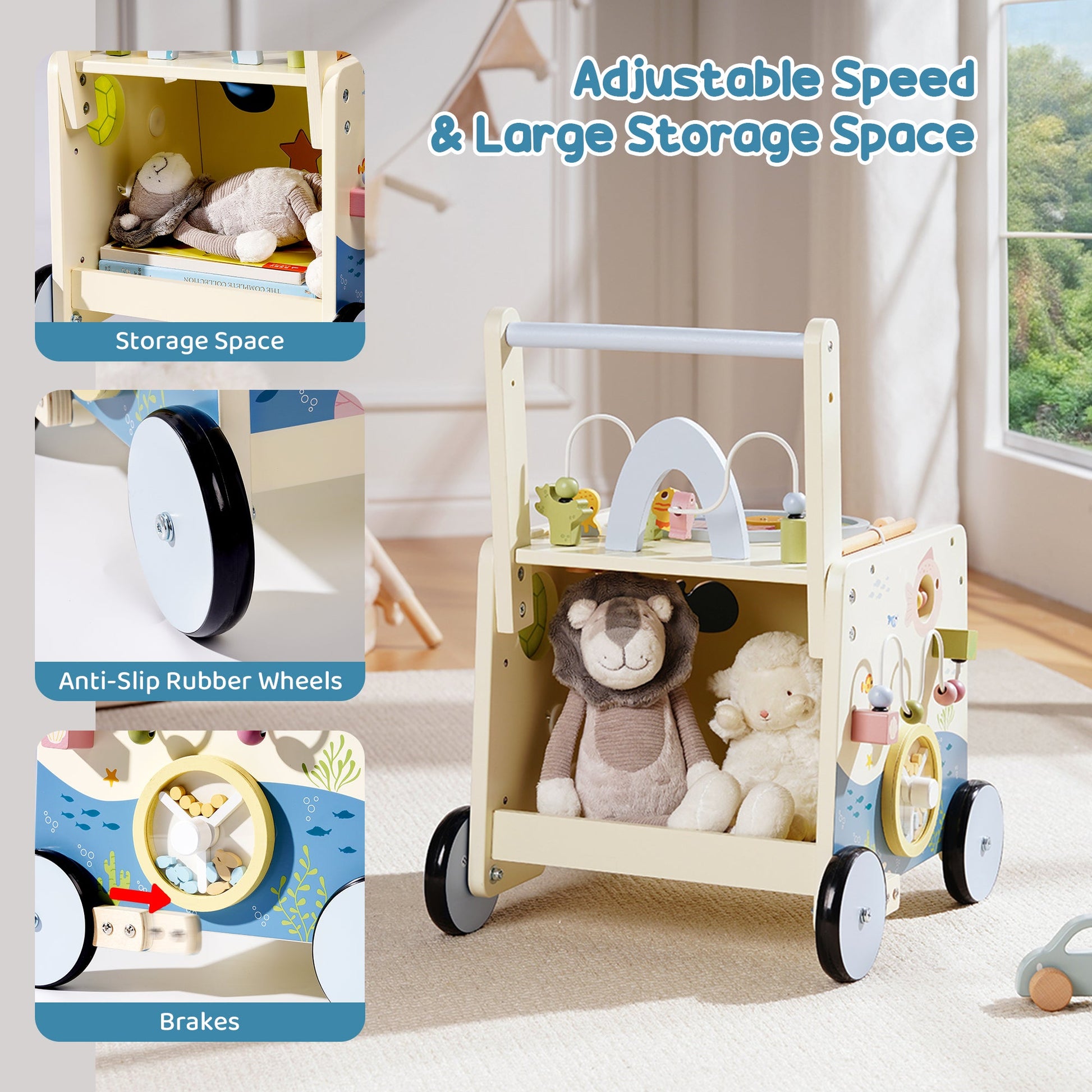 Height adjustment detail wooden baby walker