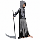 Girls Skeleton Grim Reaper Costume - Hooded Dress with Scythe, Chain & Gloves thumbnail 4