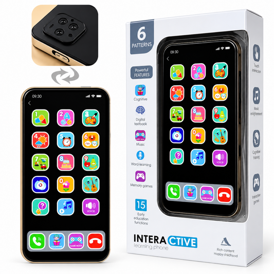 Kids educational touchscreen phone toy with retail packaging box showing 6 patterns and features