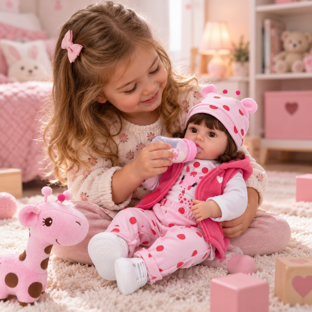 Reborn Toddler Doll - 18 Inch Soft Silicone Baby Girl in Pink Giraffe Outfit