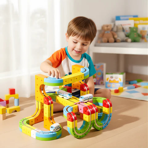 Boy playing with magnetic rail train set
