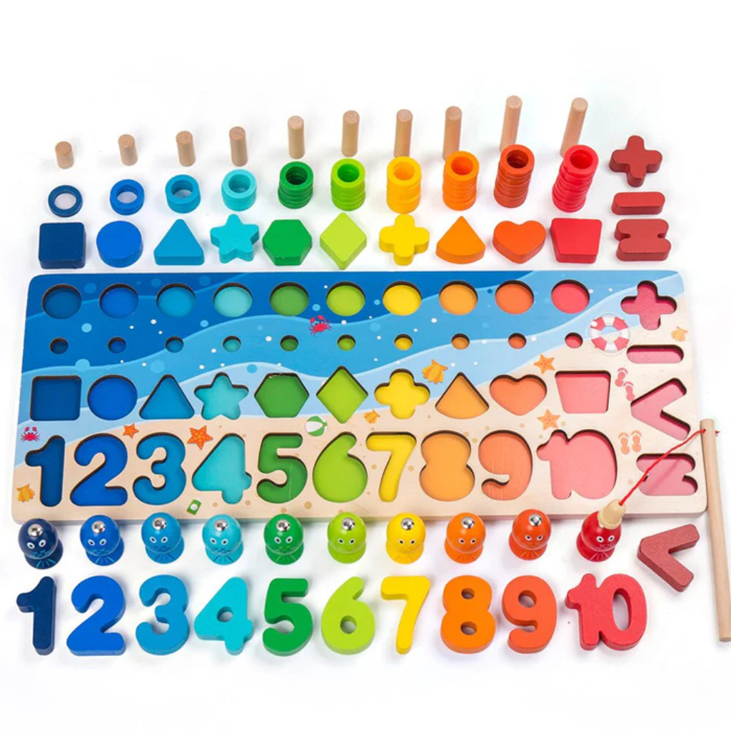 Montessori wooden toy pieces close up