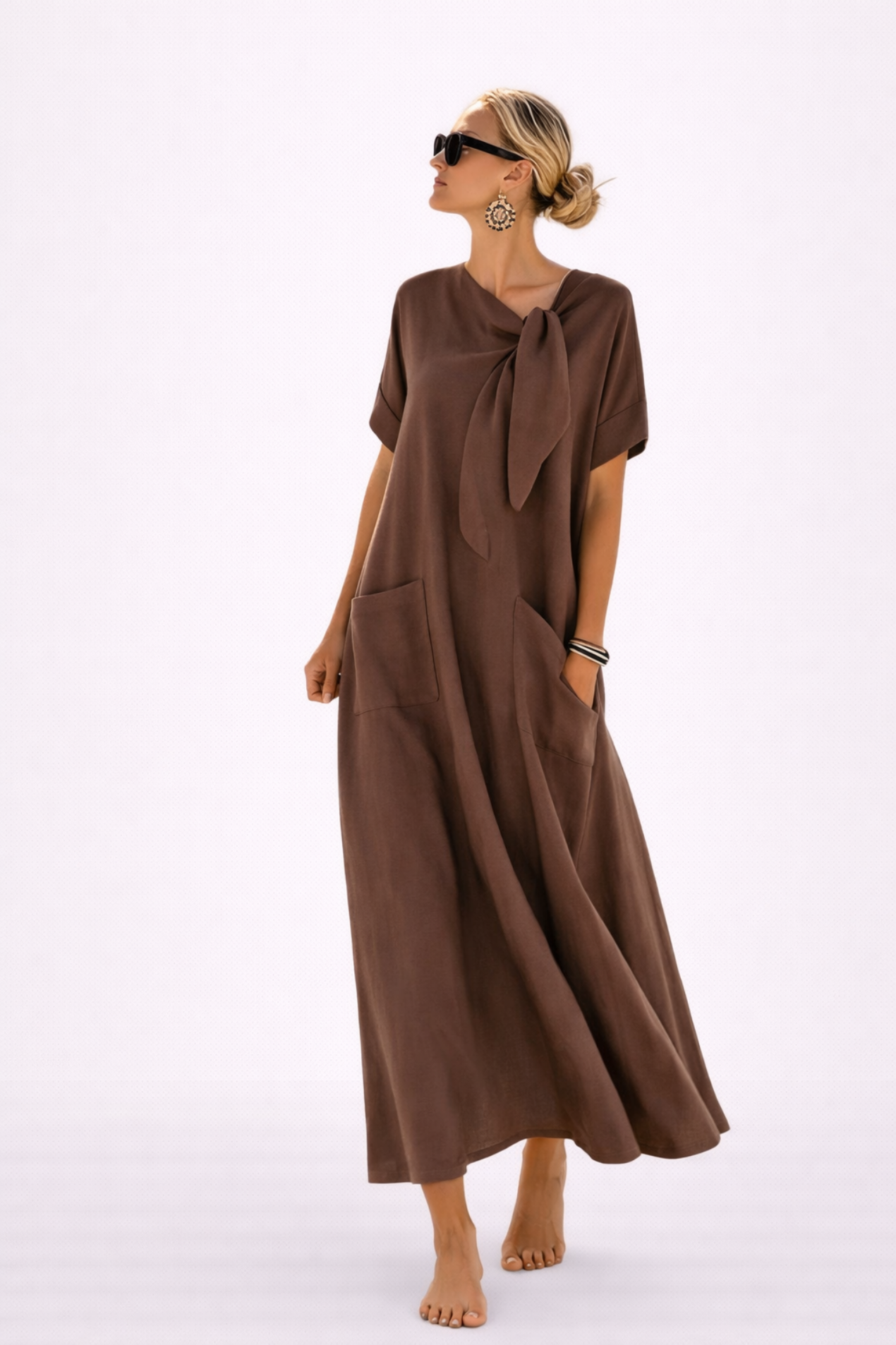 Flowy Maxi Dress Women – Adjustable Tie-Waist & Deep Side Pockets, Patio Season Cottage Casual