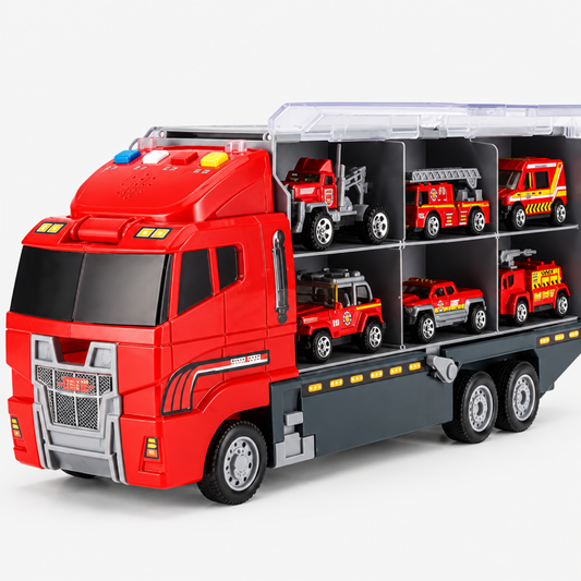 Close-up of the red diecast alloy fire truck mini vehicle included in the container truck carrier set