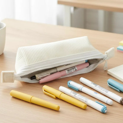Corduroy pencil case opened showing interior