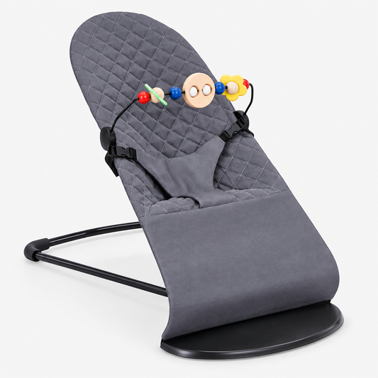 Foldable baby bouncer with toy bar, full view