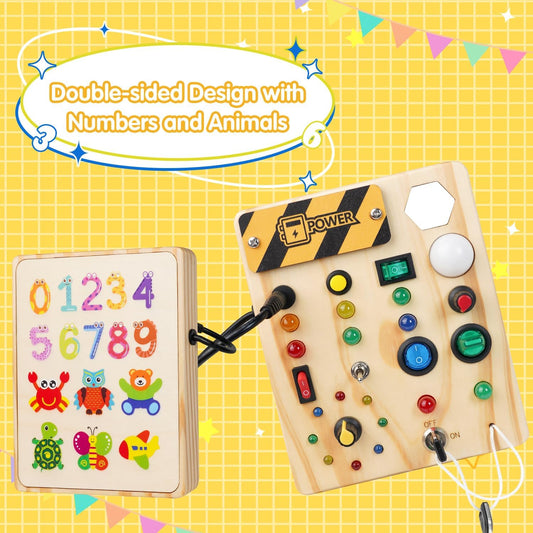 Wooden Montessori sensory busy board with LED lights and switches, front view