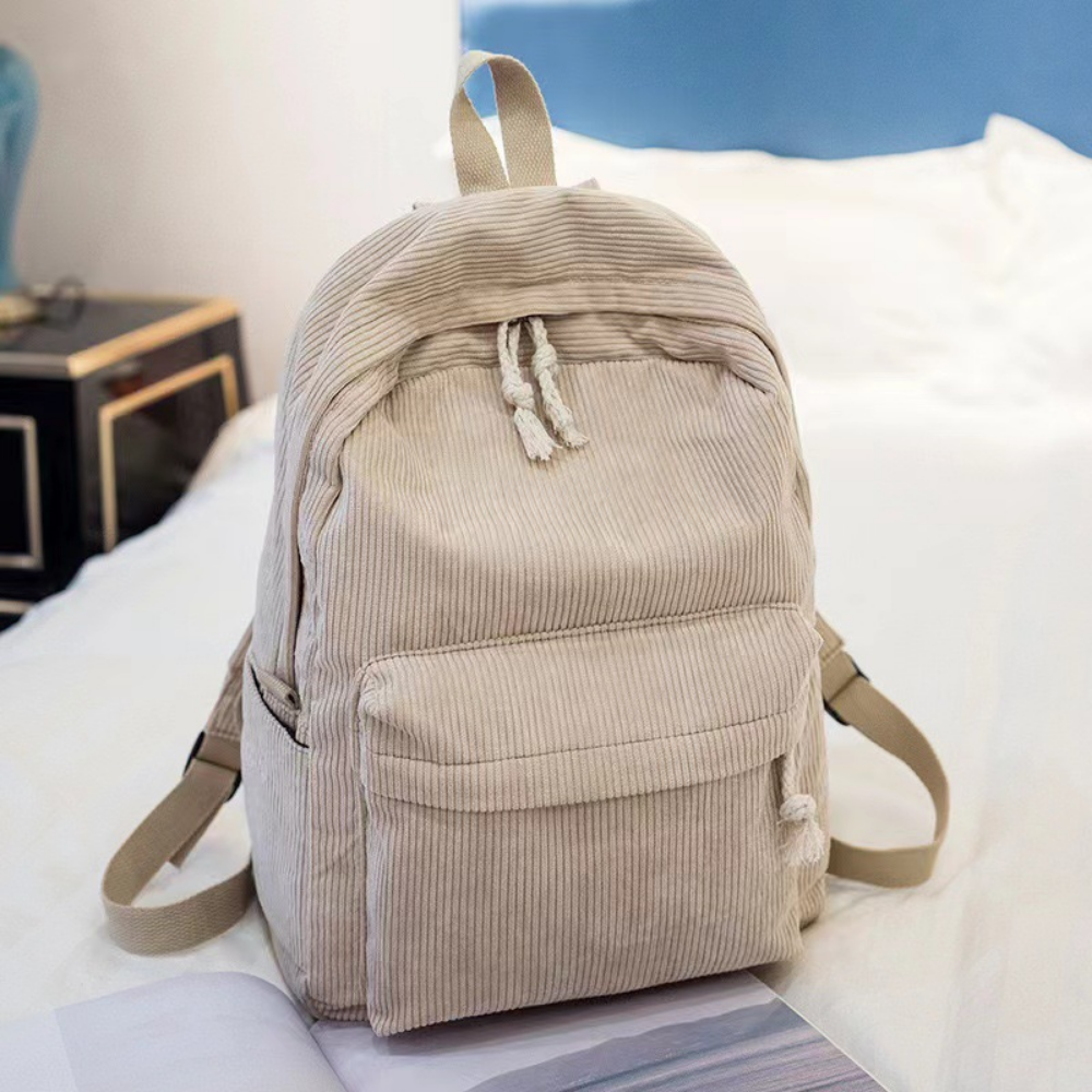 Apricot corduroy backpack front view