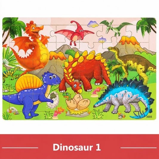 Wooden 3D dinosaur jigsaw puzzle, colourful prehistoric scene design 1