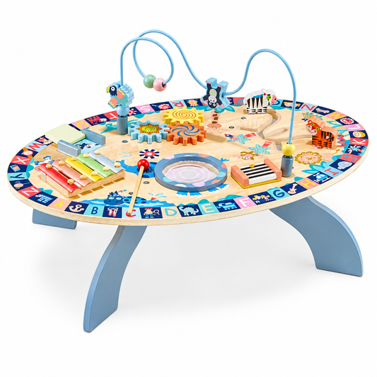 Wooden 7-in-1 educational activity table with bead maze and xylophone
